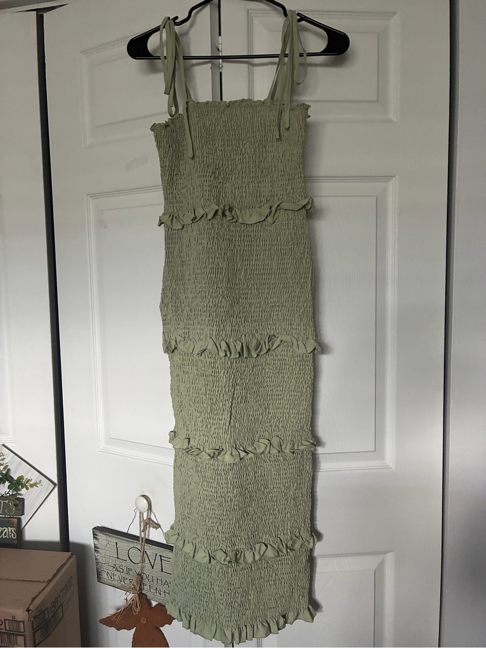 Smocked Sage Green Tie-Shoulder Midi Dress
